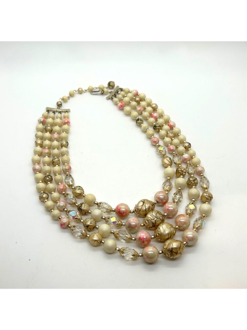 Vintage 4-Strand Japan Necklace Pink Swirl Beads Glass Acrylic Gold-Tone 1950s - Picture 9 of 16